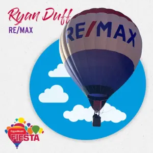 A RE/MAX hot air balloon floats against a stylized sky background with clouds, promoting the ExxonMobil Fiesta event.