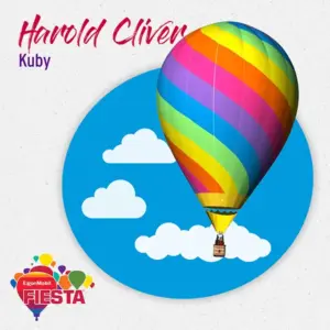 A colorful hot air balloon with a rainbow pattern floats among clouds. Albuquerque International Balloon Fiesta logo is in the corner.