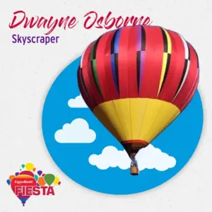 A vibrant multicolored hot air balloon against a blue sky with clouds, promoting ExxonMobil Fiesta. Text includes