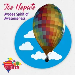 A colorful hot air balloon floats against a blue sky with clouds. Text reads