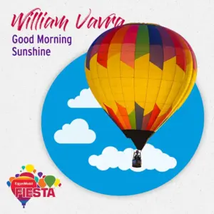 A colorful hot air balloon floats against a blue sky with clouds. Text: