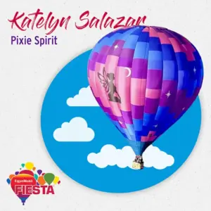 A colorful hot air balloon with fairy design floats against a cloudy sky graphic, promoting ExonMobil Fiesta.