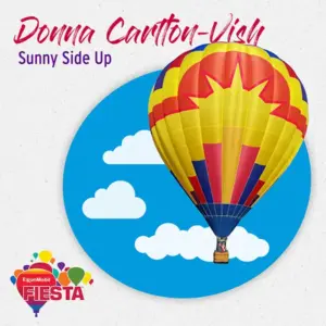 Colorful hot air balloon against blue sky with clouds graphic, featuring the words