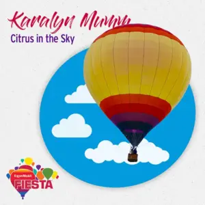 A colorful hot air balloon floats with clouds in the background.