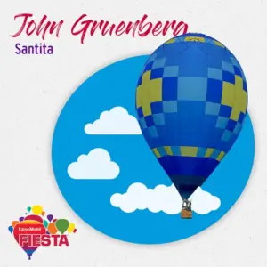 A colorful hot air balloon with a blue and yellow pattern floats against a sky background, promoting an event called