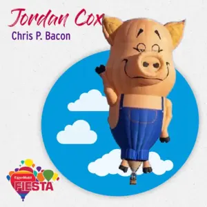 Cartoon pig-shaped hot air balloon with overalls floats against a blue sky with clouds. “ExxonMobil Fiesta” logo is visible in the corner.