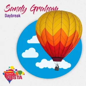 A vibrant hot air balloon against a blue, cloud-filled sky, with text