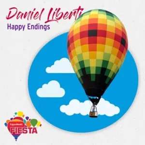 Colorful hot air balloon with checkered pattern against a blue sky with clouds illustration. Text reads