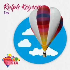 A colorful hot air balloon floats against a blue sky with clouds, labeled