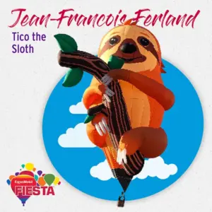 A large sloth-shaped hot air balloon with vibrant colors is against a blue sky backdrop with clouds, promoting the ExxonMobil Fiesta event.