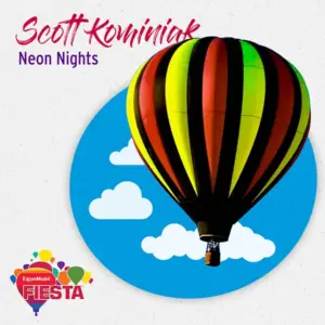 A colorful hot air balloon against a blue sky with clouds, promoting ExxonMobil Fiesta and