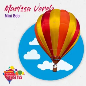 A colorful hot air balloon floats against a blue sky backdrop with clouds. Text reads “Marissa Vereb” and “ExxonMobil Fiesta.”