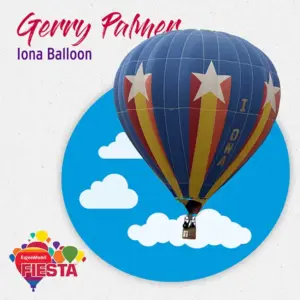 A colorful hot air balloon with stars and stripes floats in the sky, labeled