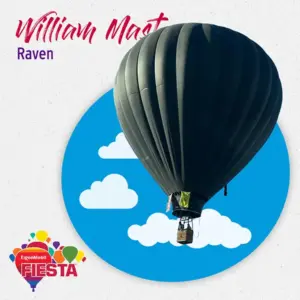 A large dark hot air balloon labeled