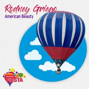 A blue and red hot air balloon with white stars and stripes, set against a sky with clouds in a fiesta-themed image.