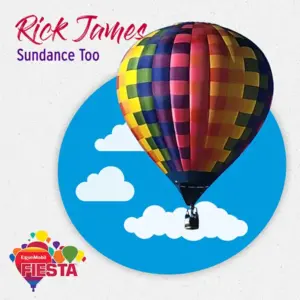 A colorful hot air balloon floats against a blue sky with clouds. Text reads