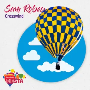 A vibrant, yellow and blue hot air balloon floats against a cartoon sky background with clouds. Logo reads
