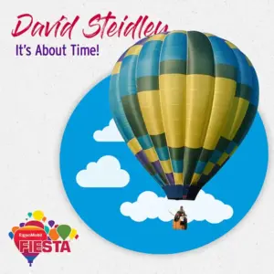 A colorful hot air balloon with a person floats in a blue sky with clouds. Text reads