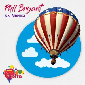 A patriotic hot air balloon with stars and stripes floats against a blue sky with clouds, promoting the ExxonMobil Fiesta event.