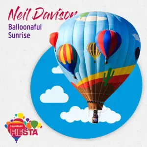 Colorful hot air balloon illustration with desert landscape and clouds, promoting the ExxonMobil Fiesta event with the theme