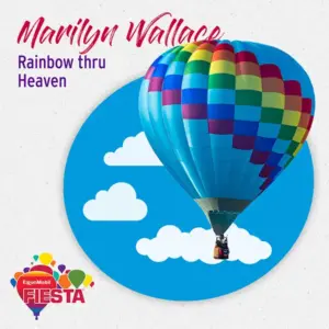 A colorful hot air balloon floats against a sky background. Text reads