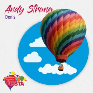 A colorful hot air balloon floats in a bright sky with fluffy clouds.