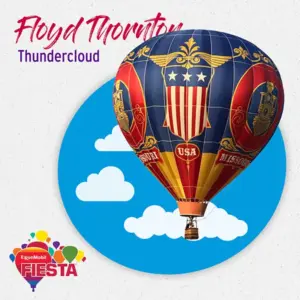 A colorful hot air balloon with USA and Missouri emblems is featured. The Fiesta logo and