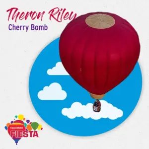 A vibrant red hot air balloon floats over clouds, with