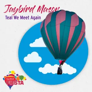 A colorful hot air balloon floats against a blue sky with clouds. The text reads