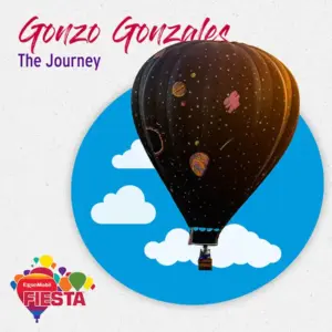 A hot air balloon with a cosmic design floats in a cloudy sky, titled