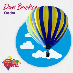 A colorful hot air balloon against a blue sky with clouds, featuring text and a logo for the ExxonMobil Fiesta event.