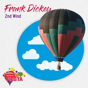 Hot air balloon with multi-colored pattern against blue sky circle, text