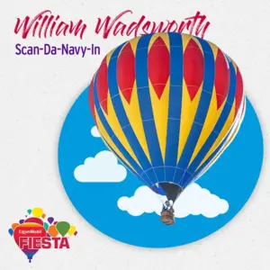 Colorful hot air balloon with blue, yellow, red stripes. Text: