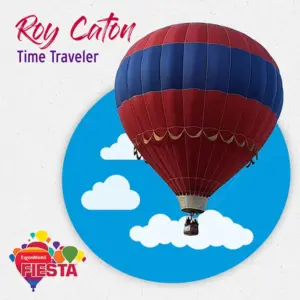 Illustrated red and blue hot air balloon floats with two people, branded