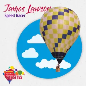 A checkered hot air balloon soars against a blue sky with clouds; text reads