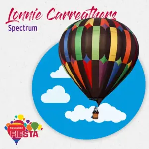 A colorful hot air balloon floats against a blue sky with clouds, part of the