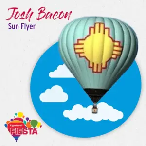 A hot air balloon with a sun emblem floats in the sky, promoting the ExxonMobil Fiesta event.