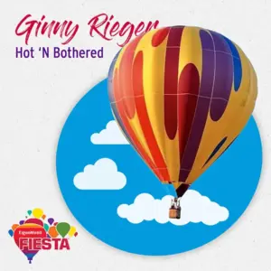 A colorful hot air balloon with abstract patterns against a blue sky background with clouds, promoting the ExxonMobil Fiesta event.