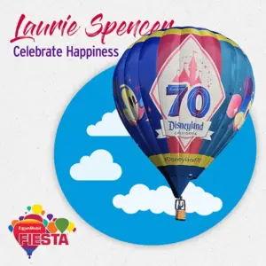 A colorful hot air balloon with Disneyland 70th anniversary graphics floats against a blue sky with clouds, promoting a celebration event.