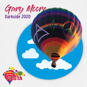 A colorful hot air balloon with iconic symbols floats against a blue sky with clouds. Text mentions