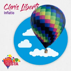 A colorful hot air balloon floats against a blue sky with clouds.