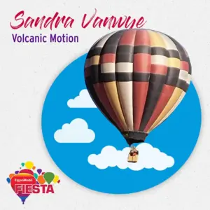 A colorful hot air balloon soars against a blue sky with clouds. Text reads