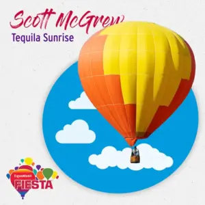 A vibrant yellow and orange hot air balloon floats against a blue sky with clouds, promoting the ExxonMobil Fiesta event.