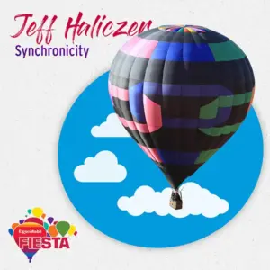 A colorful hot air balloon floats against a blue circular background with clouds, part of the ExxonMobil FIESTA event.