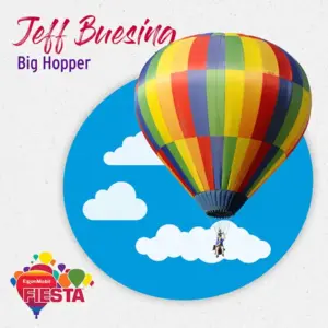 A colorful hot air balloon with a person underneath, set against a blue sky with clouds, promotes the ExxonMobil Fiesta event.