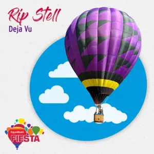 A vibrant, colorful hot air balloon against a blue sky with clouds, part of the ExxonMobil Fiesta event, with artistic text overlay.