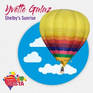 A colorful hot air balloon with a person in the basket, set against a blue sky with clouds and fiesta graphics.