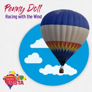 Colorful hot air balloon soars against a blue sky; event text reads