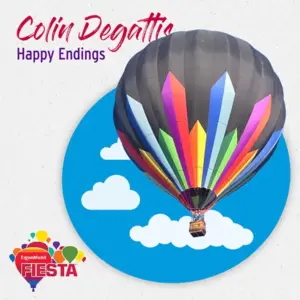 A colorful hot air balloon against a blue sky graphic with clouds, titled