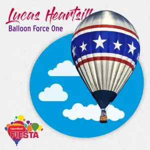 A colorful hot air balloon with stars and stripes design, floating among clouds. Text reads